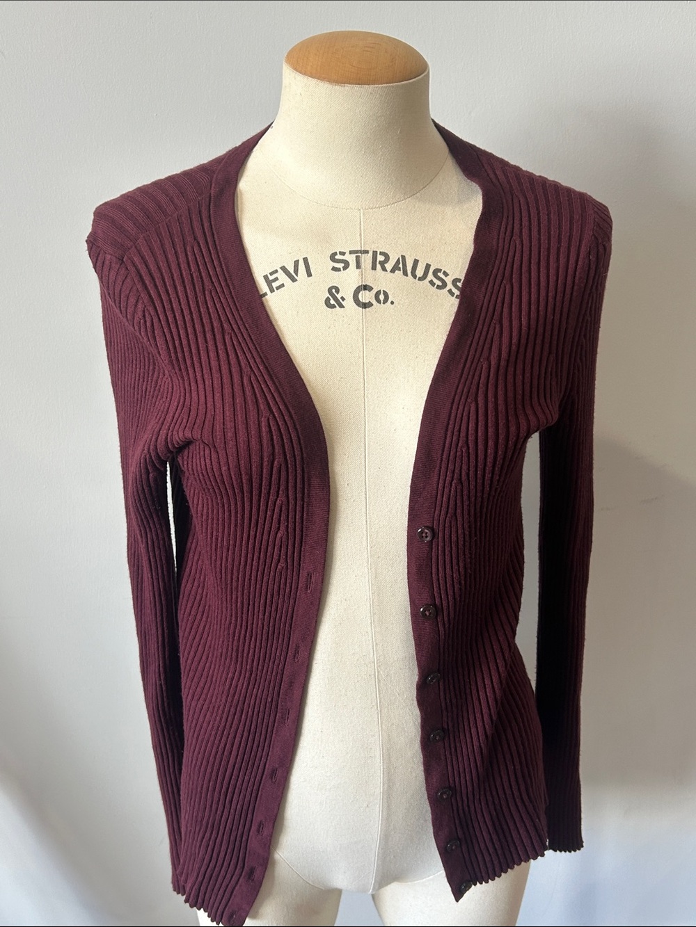 Lord & Taylor Women's Ribbed Button-Front Cardigan - Burgundy - Picture 2 of 4